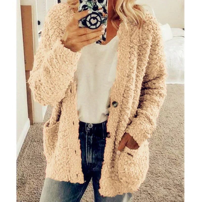 Fluffy Cardigan met Zakken voor Dames - Khaki