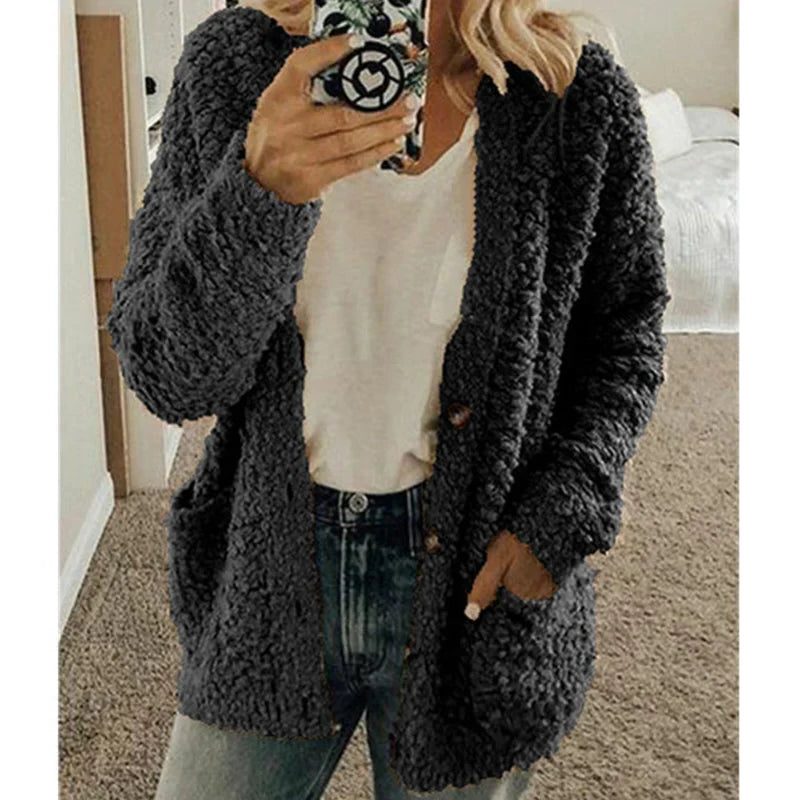 Fluffy Cardigan met Zakken voor Dames - Zwart