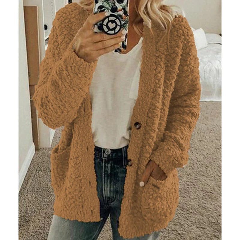 Fluffy Cardigan met Zakken voor Dames - Koffiebruin