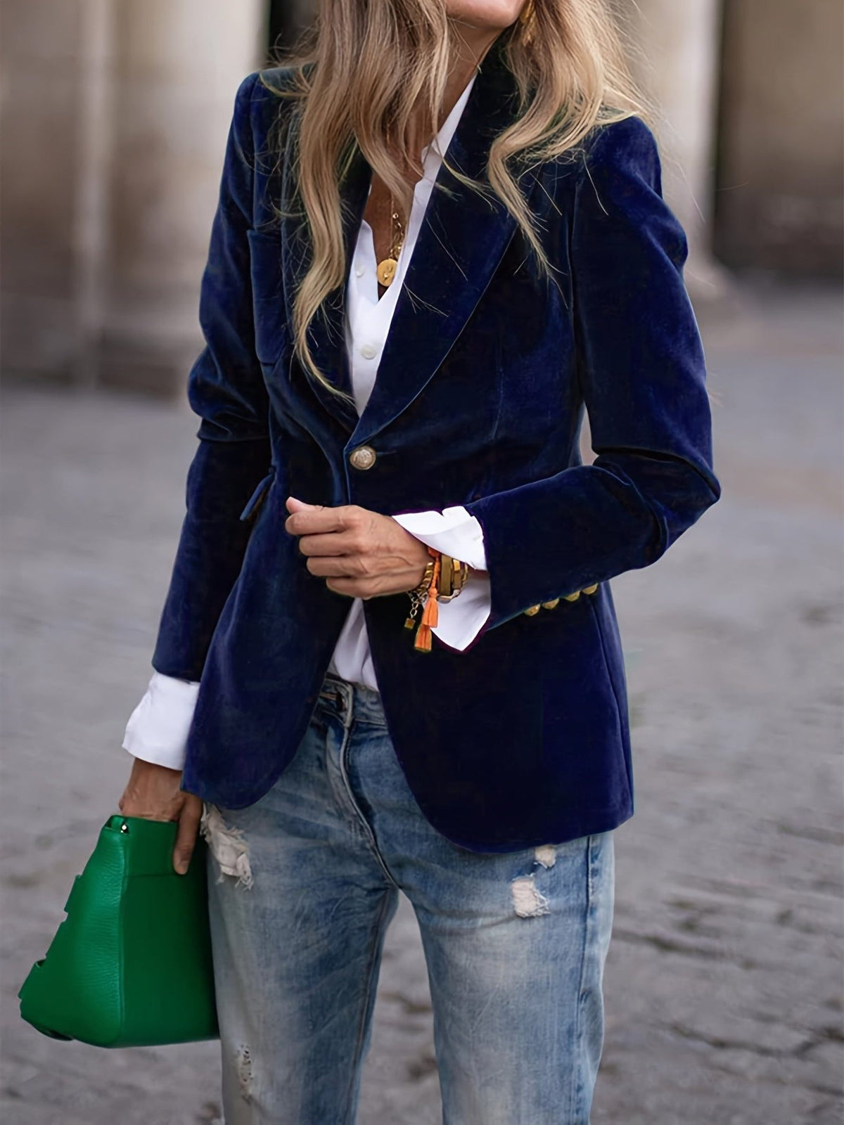 Fluwelen Blazer met Gouden Knoppen voor Dames - Donkerblauw