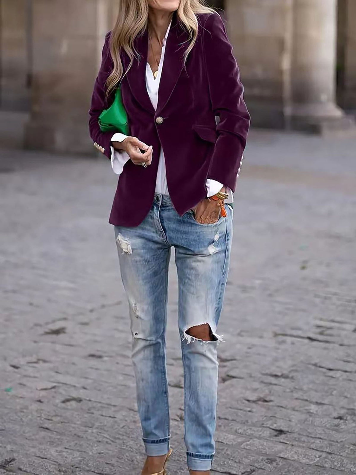 Fluwelen Blazer met Gouden Knoppen voor Dames - Paars