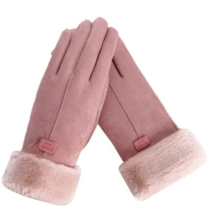 Fluwelen Handschoenen met Touchscreen en Bontafwerking voor Dames - Roze
