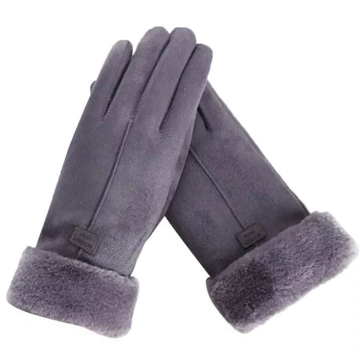 Fluwelen Handschoenen met Touchscreen en Bontafwerking voor Dames - Grijs