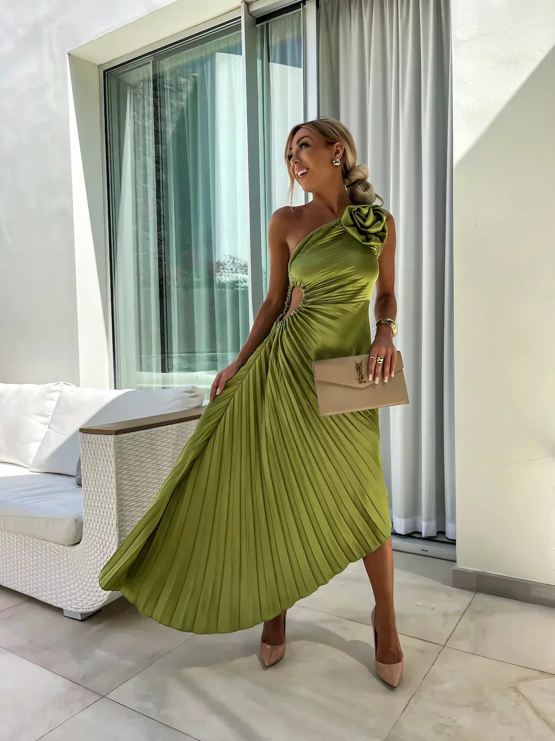 Geplooide Midi Jurk met One Shoulder Mouw voor Dames