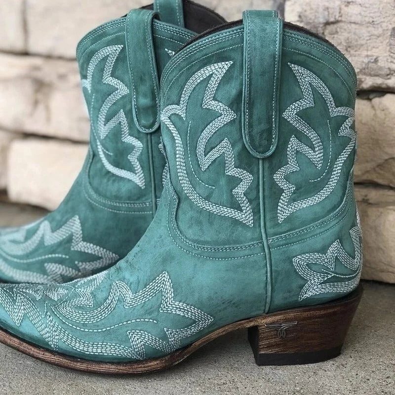 Geborduurd Cowboy Laarzen met Snip Neus voor Dames - Turkoois