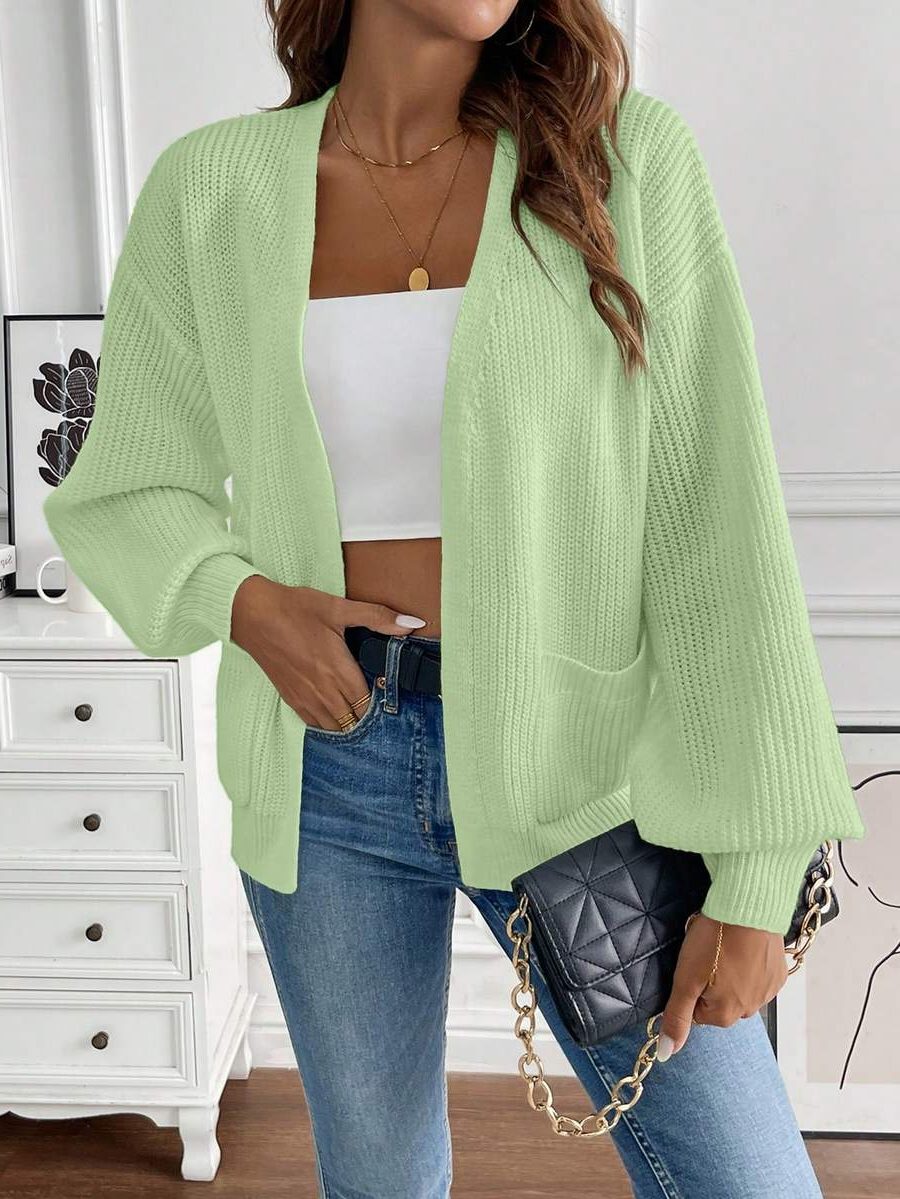 Gebreide Cardigan met Lange Mouwen en Steekzakken voor Dames - Groen