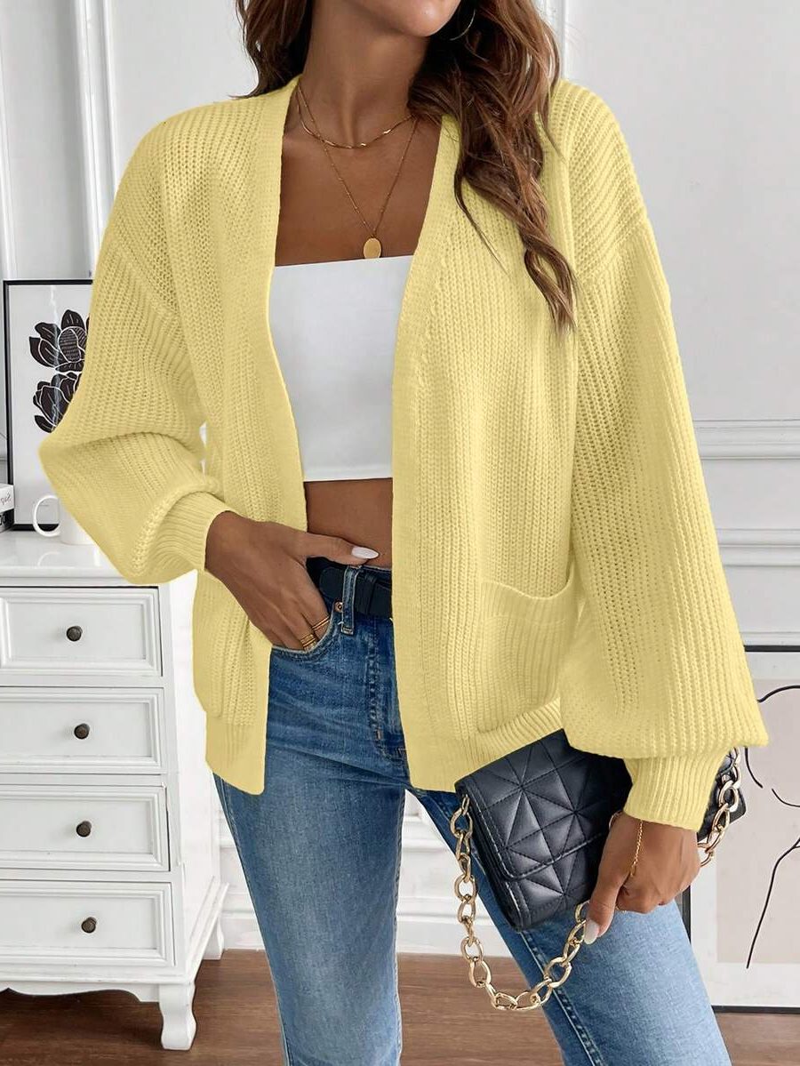 Gebreide Cardigan met Lange Mouwen en Steekzakken voor Dames - Geel