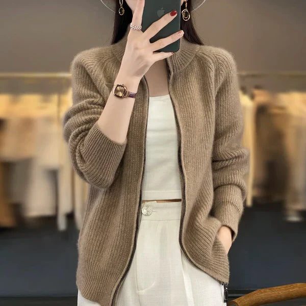 Gebreide Cardigan met Ritssluiting voor Dames - Bruin