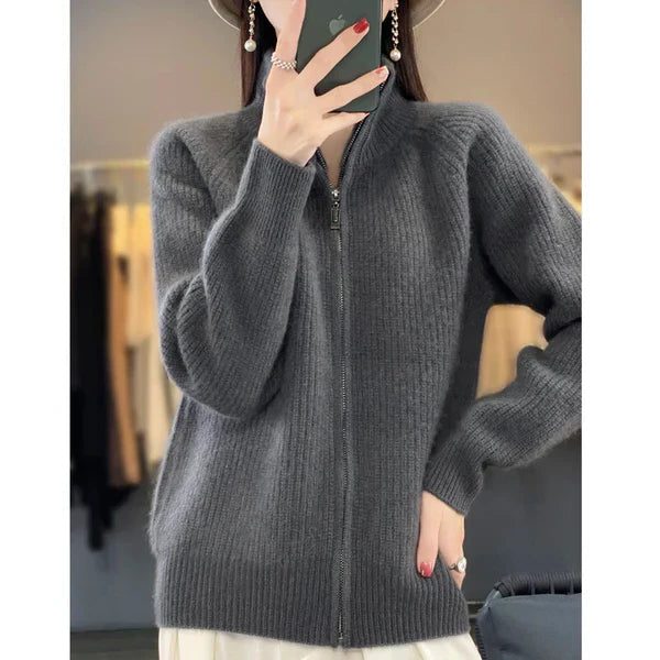 Gebreide Cardigan met Ritssluiting voor Dames - Grijs