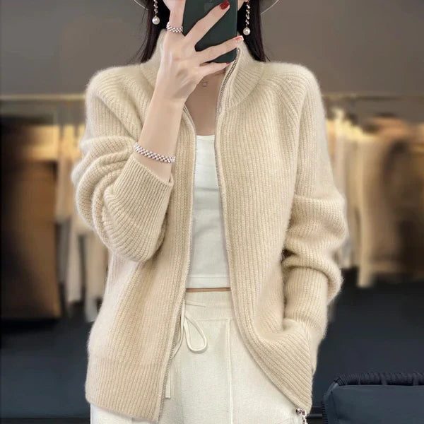 Gebreide Cardigan met Ritssluiting voor Dames - Beige