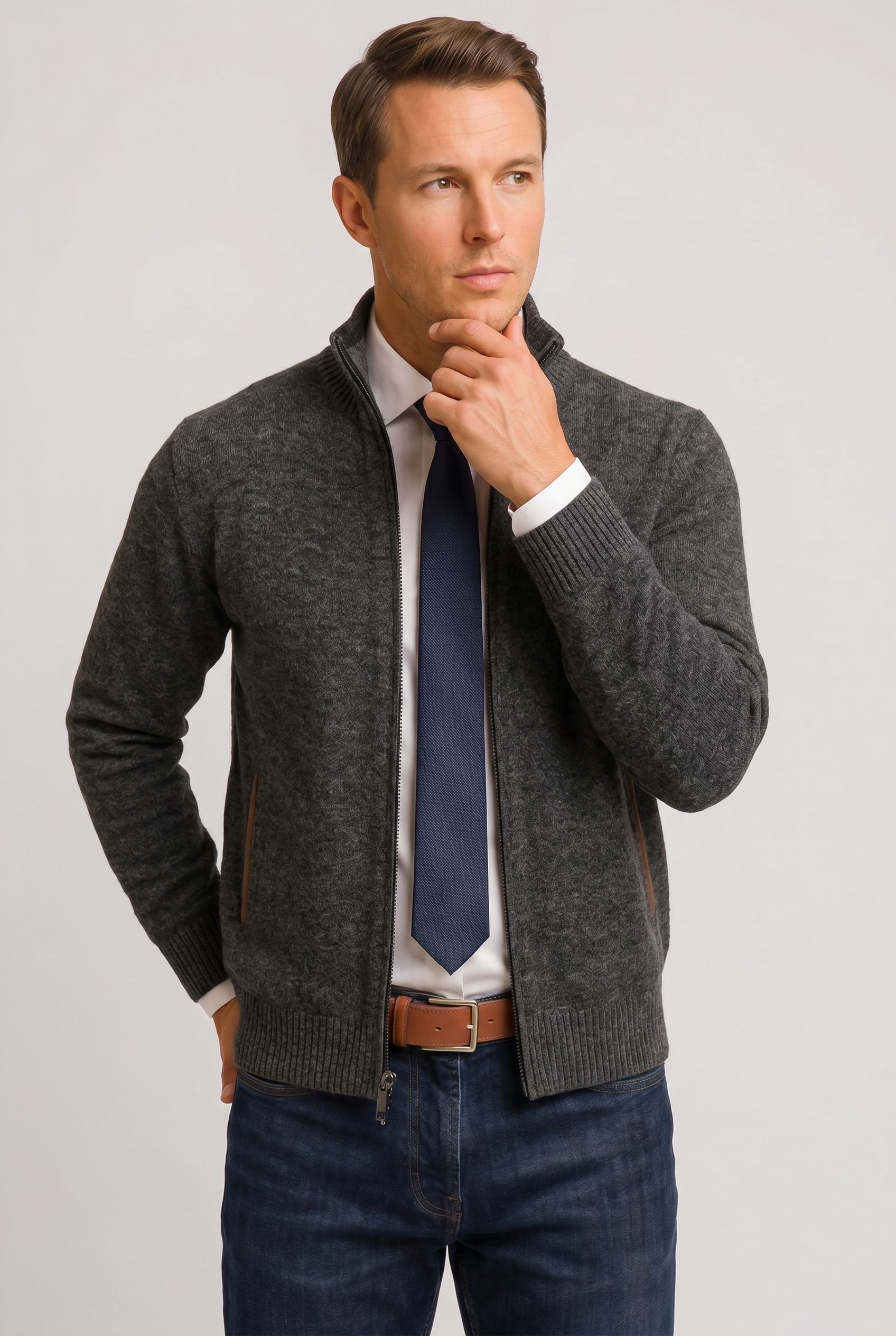 Gebreide Cardigan met Ritssluiting voor Heren - Donkergrijs