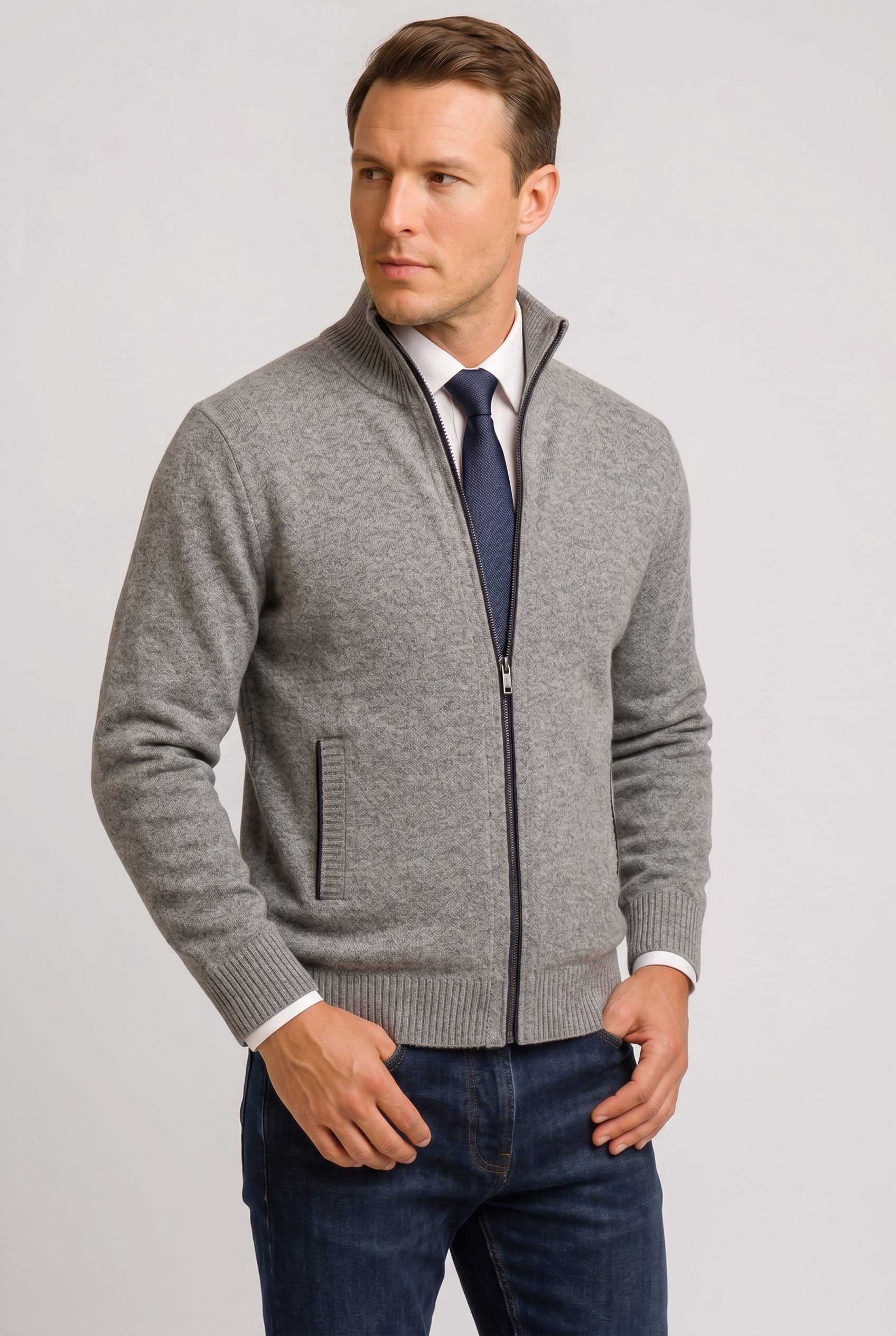 Gebreide Cardigan met Ritssluiting voor Heren - Lichtgrijs