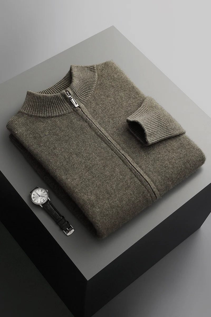 Gebreide Kasjmier Cardigan met Ritssluiting voor Heren - Olijfgroen