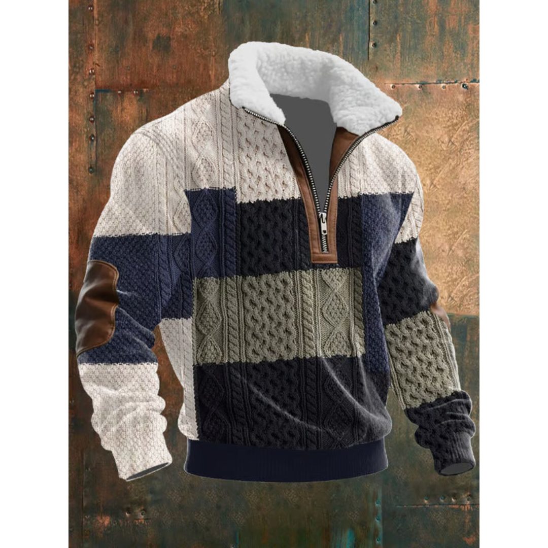 Gebreide Trui met Halve Ritssluiting en Lange Mouwen voor Heren - Zwart/Blauw
