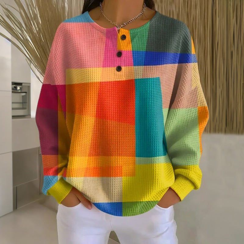 Gekleurde Gewafeld Sweatshirt met Knoopsluiting voor Dames