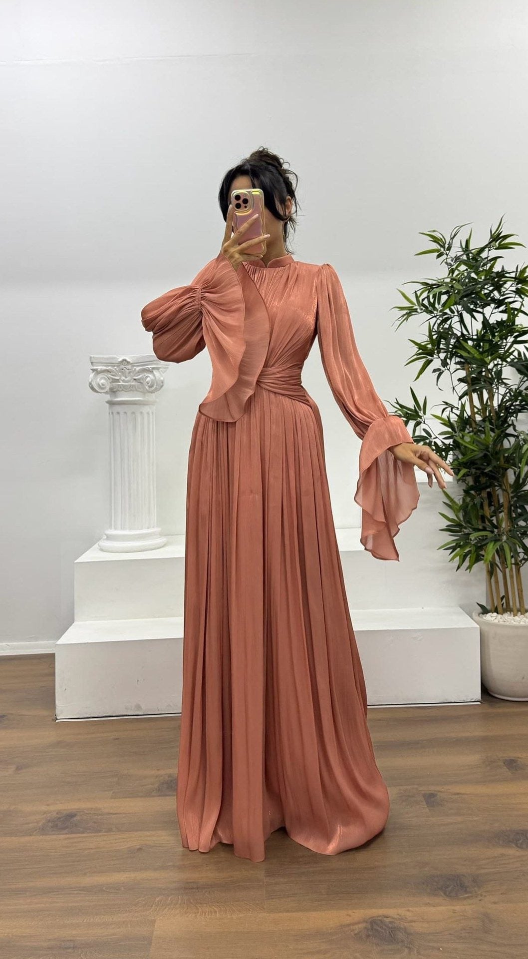 Geplooid Maxi Jurk met Lange Mouwen voor Dames - Rood