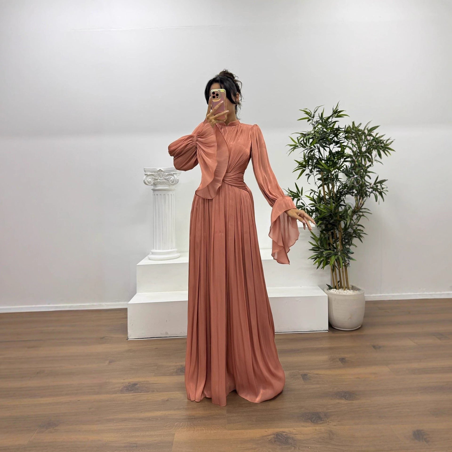 Geplooid Maxi Jurk met Lange Mouwen voor Dames - View 2