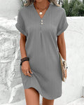 Geribbelde Korte Mouwen Jurk met Knoopsluiting voor Dames - Grijs