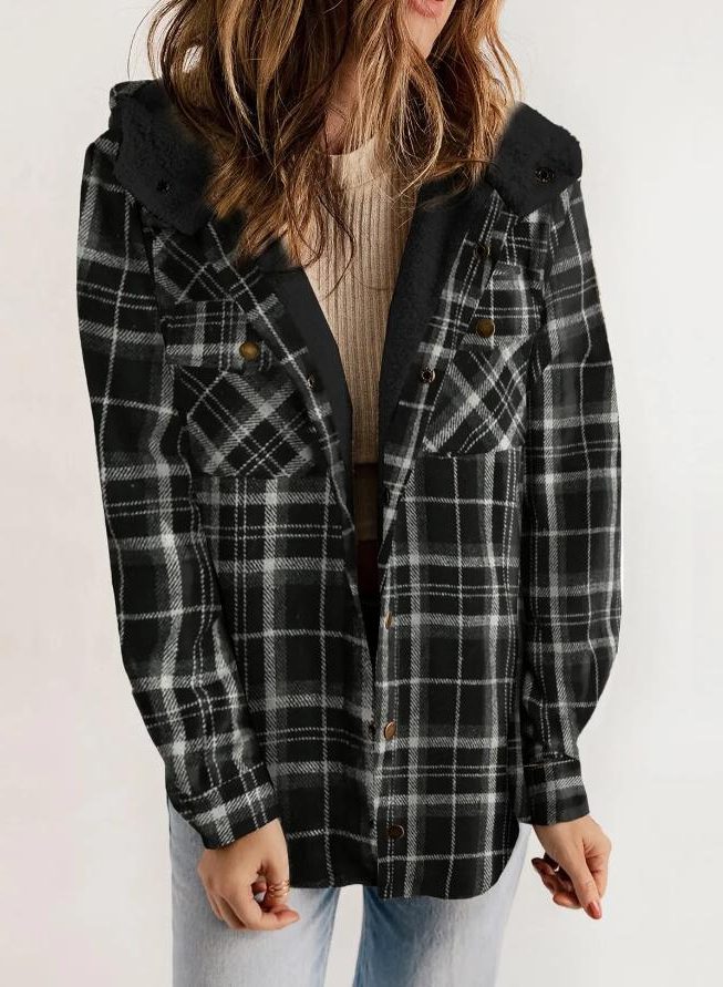 Geruite Overshirt met Capuchon voor Dames - Zwart