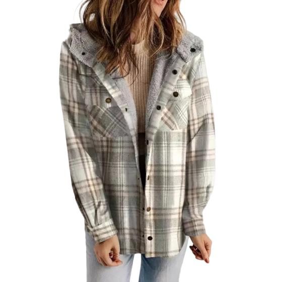 Geruite Overshirt met Capuchon voor Dames - Grijsgroen