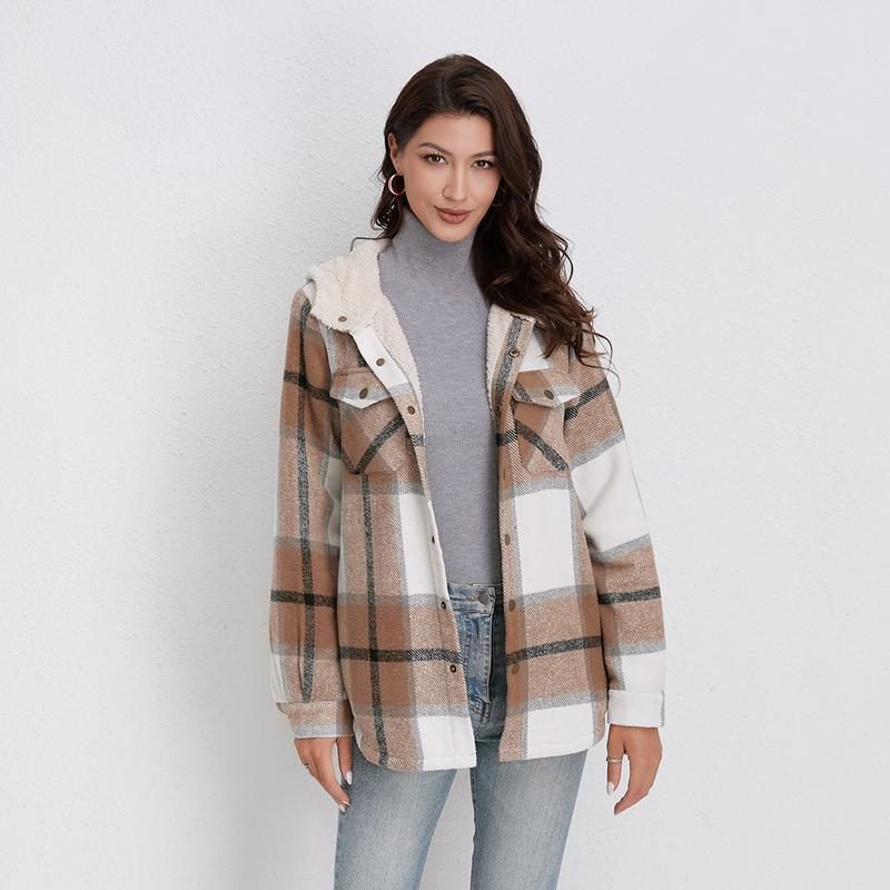 Geruite Overshirt met Capuchon voor Dames - Wit Koffie