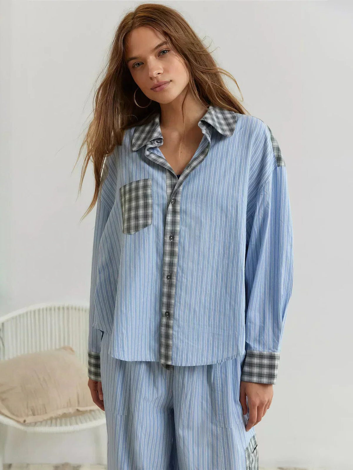 Geruite Pyjamaset met Lange Mouwen voor Dames - Blauw