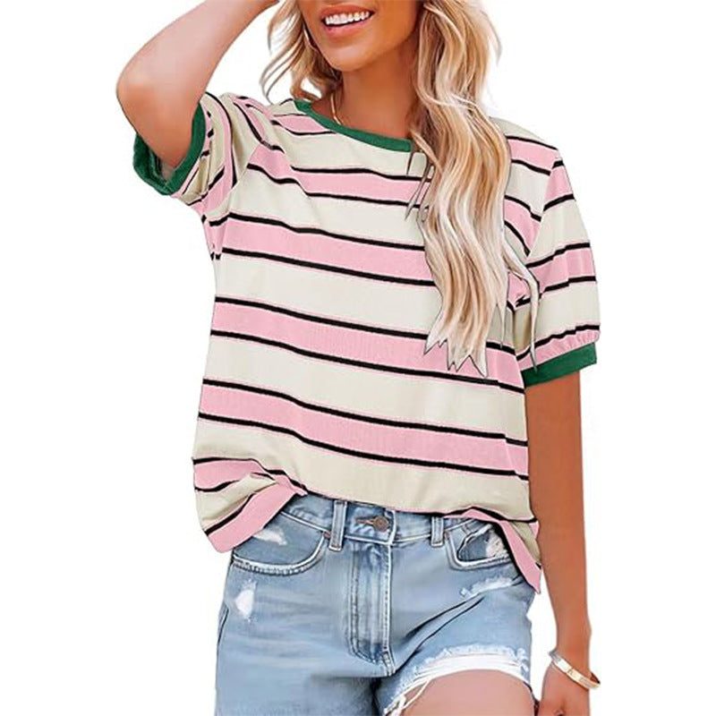 Gestreept T-Shirt met Korte Mouwen en Ronde Hals voor Dames