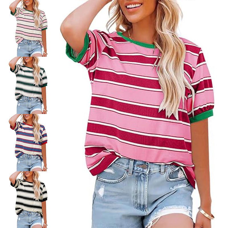 Gestreept T-Shirt met Korte Mouwen en Ronde Hals voor Dames