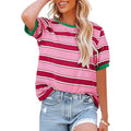 Gestreept T-Shirt met Korte Mouwen en Ronde Hals voor Dames - Magenta