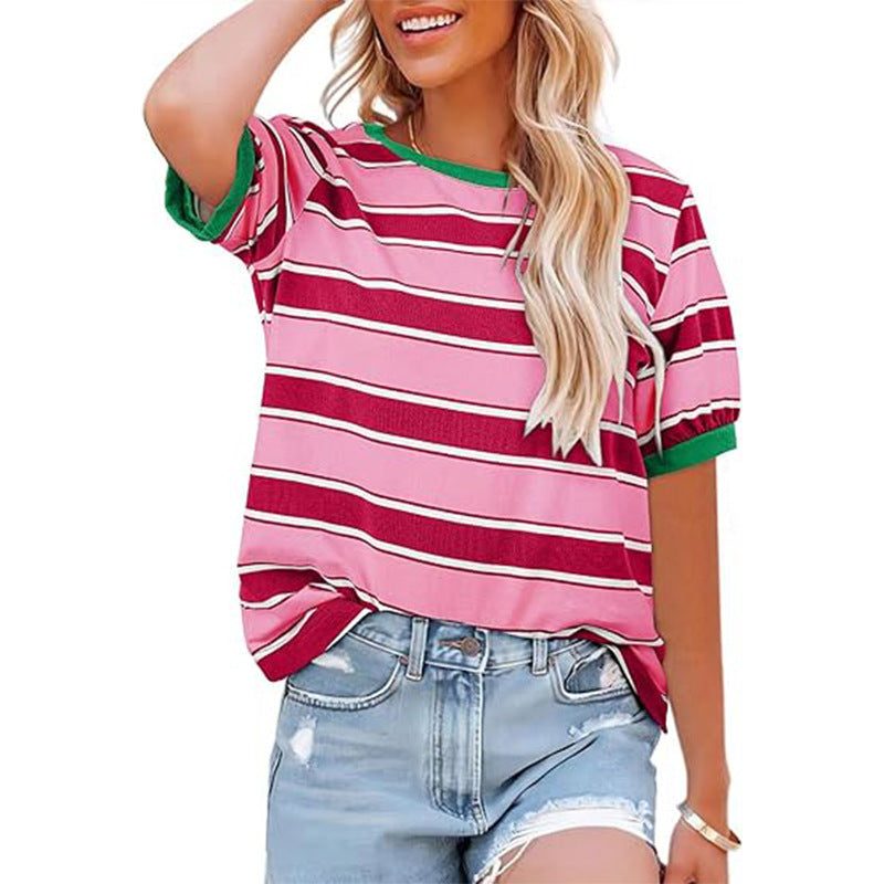 Gestreept T-Shirt met Korte Mouwen en Ronde Hals voor Dames - Magenta