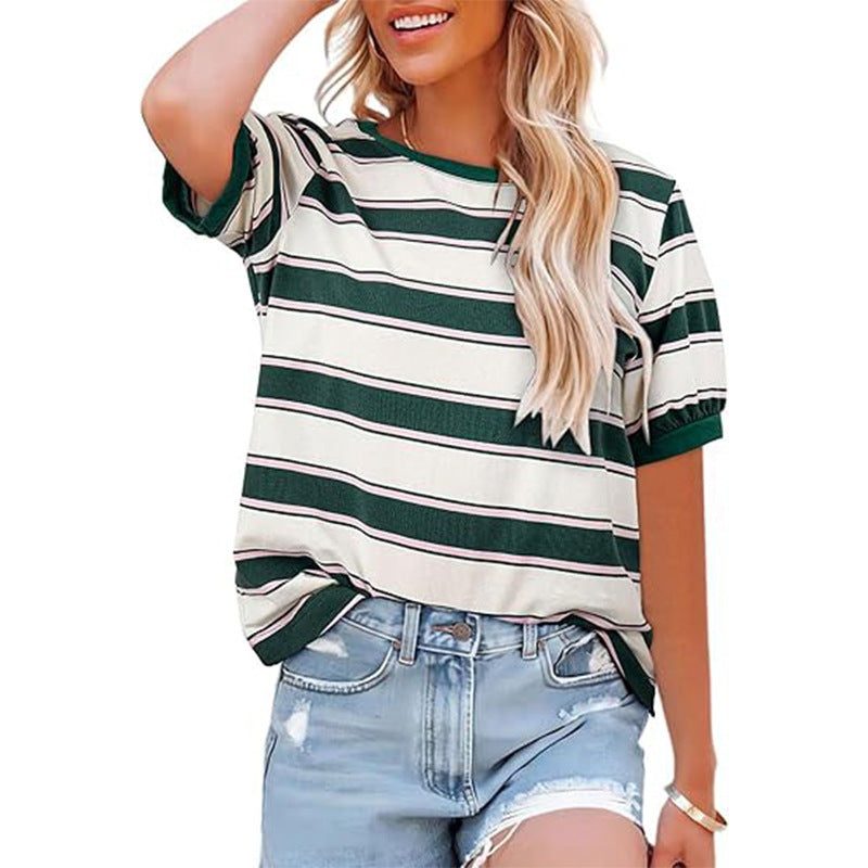 Gestreept T-Shirt met Korte Mouwen en Ronde Hals voor Dames - Groen