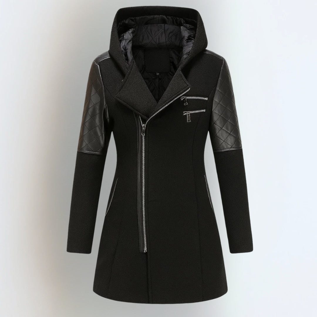 Gewatteerde Gemeleerde Winterjas met Capuchon voor Dames - Black