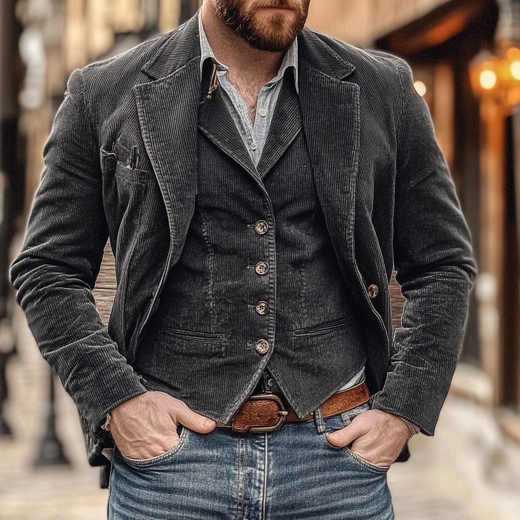 Grijze Rib Blazer met Gilet voor Heren