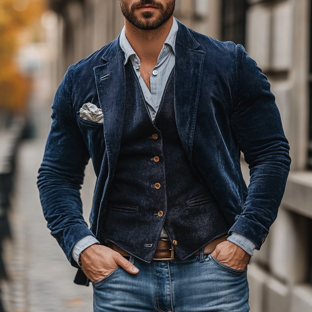 Grijze Rib Blazer met Gilet voor Heren