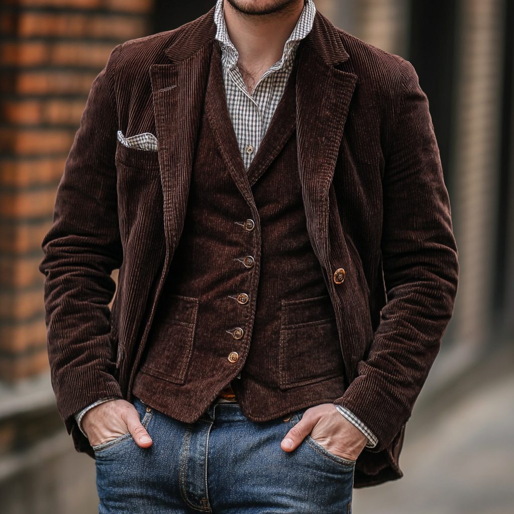 Grijze Rib Blazer met Gilet voor Heren - Bruin