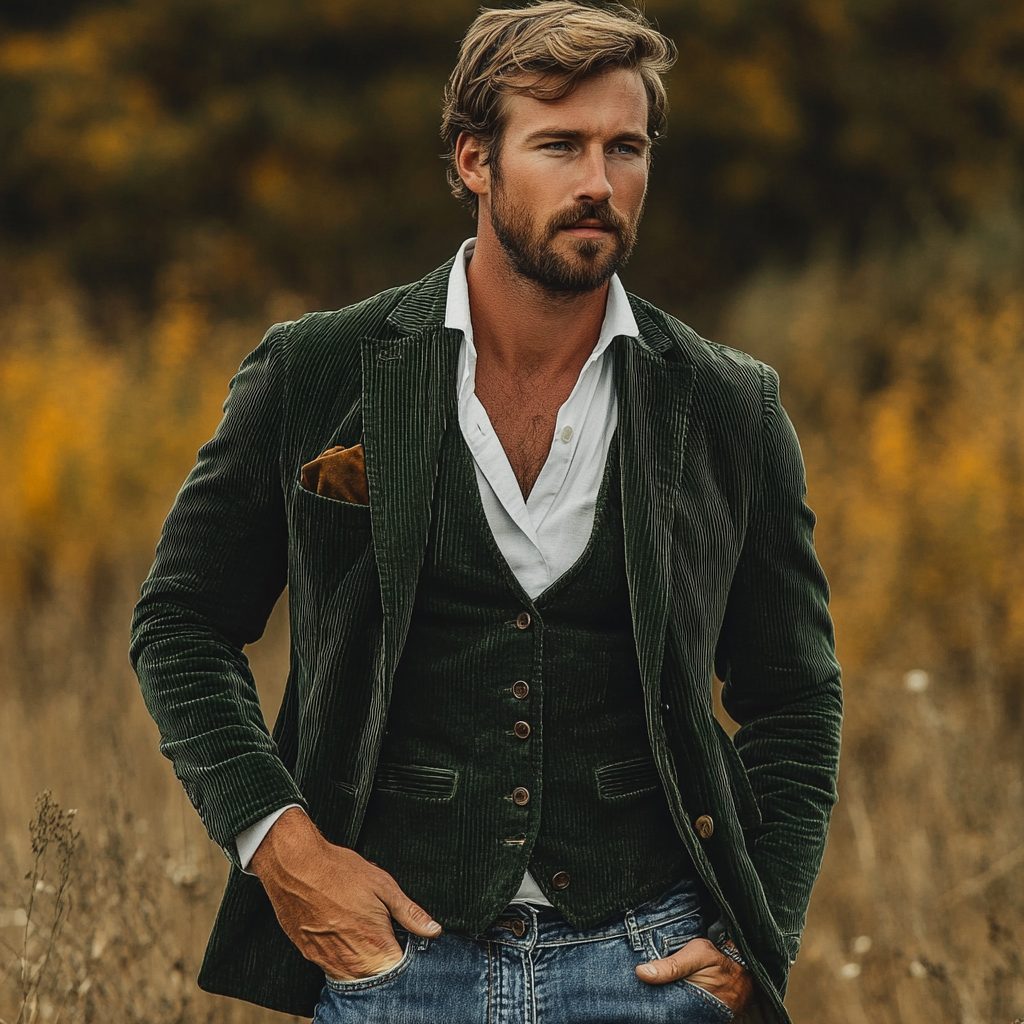 Grijze Rib Blazer met Gilet voor Heren - Groen