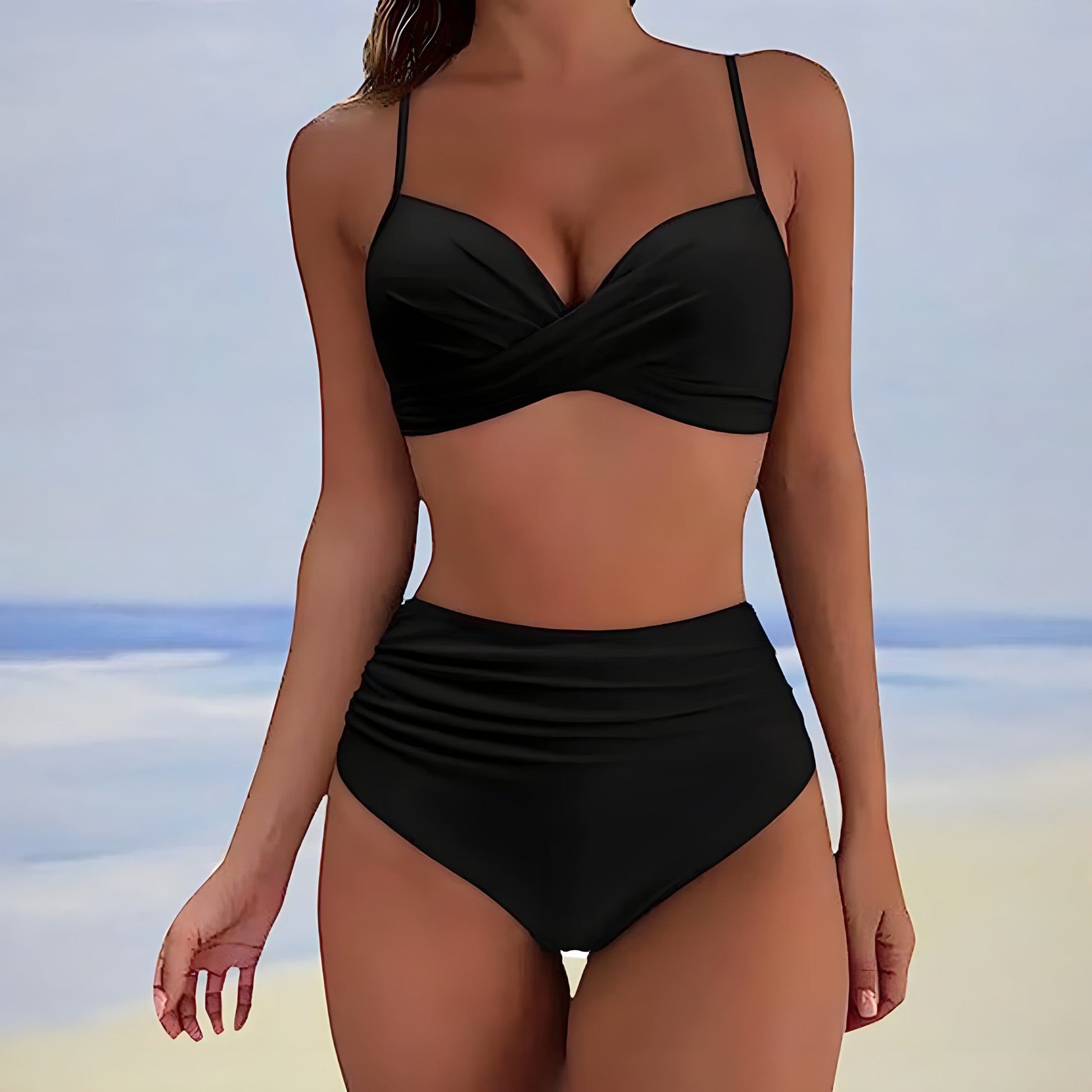 Halternek Bikini met Hoge Taille voor Dames - Zwart