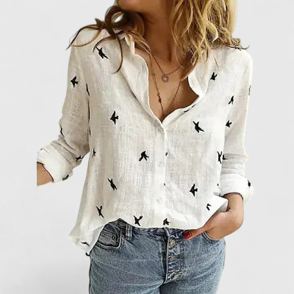 Linnen V-Hals Blouse met Knoopsluiting voor Dames