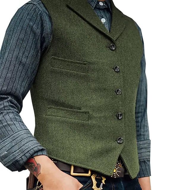 Herringbone Wollen Gilet met Knoopsluiting voor Heren - Groen