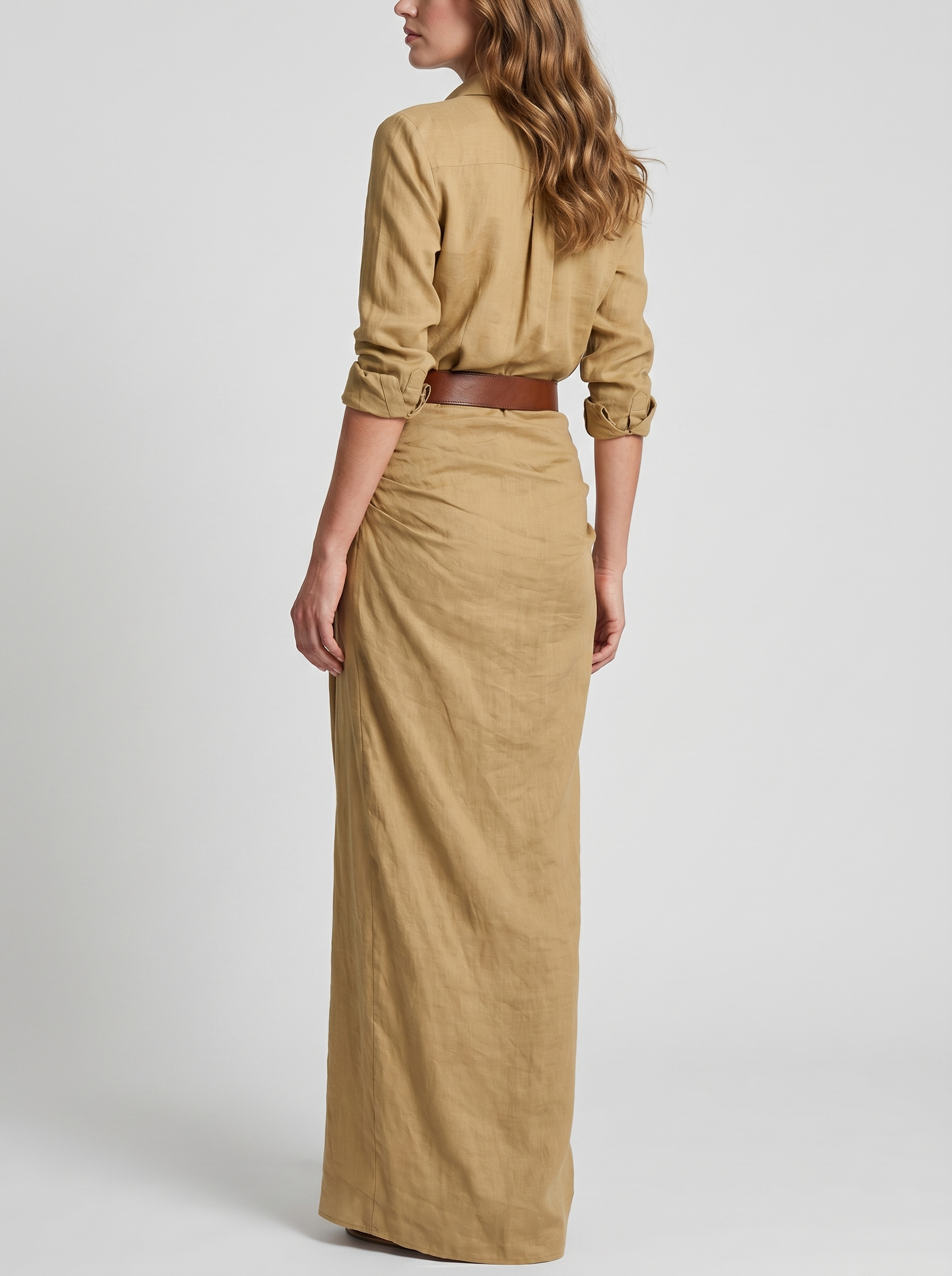 Linnen Maxi Jurk — back view (Khaki)