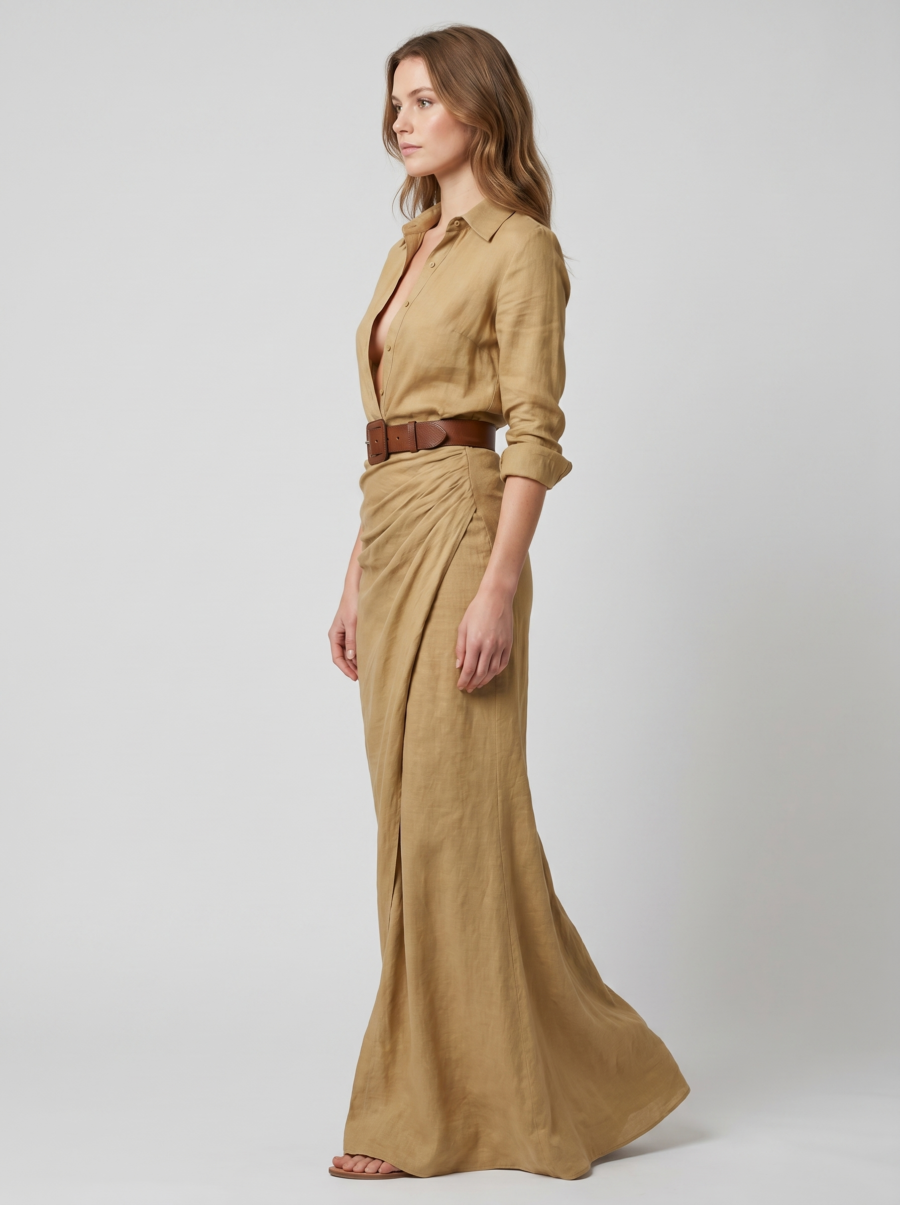 Linnen Maxi Jurk — side view (Khaki)