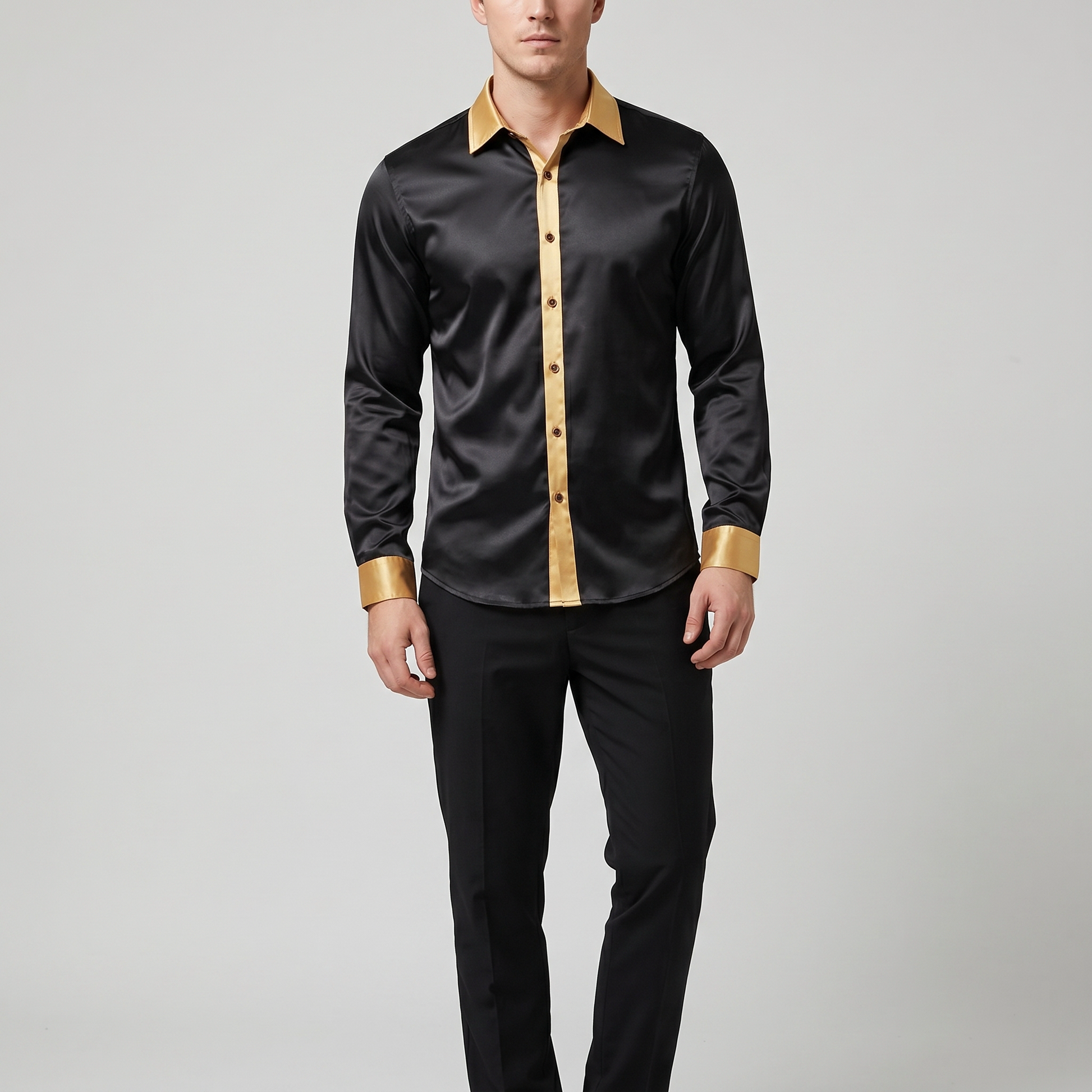 Satijnen Slim Fit Overhemd — front view (Zwart-Goud)