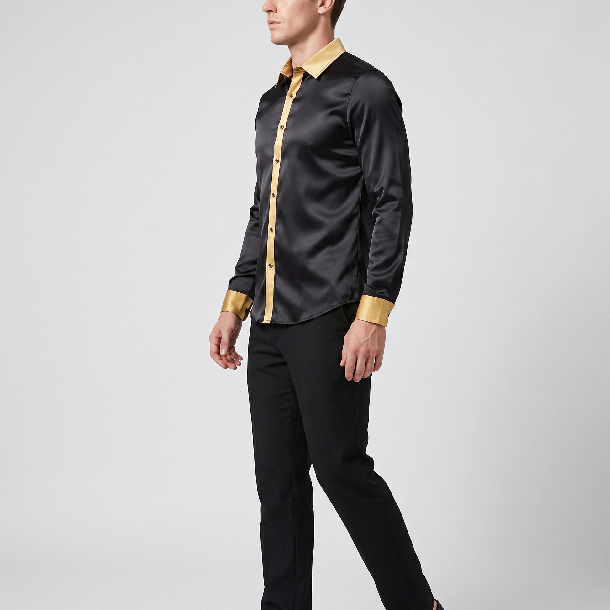 Satijnen Slim Fit Overhemd — side view (Zwart-Goud)