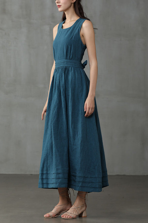 Linnen Mouwloze Maxi Jurk met Ronde Hals voor Dames