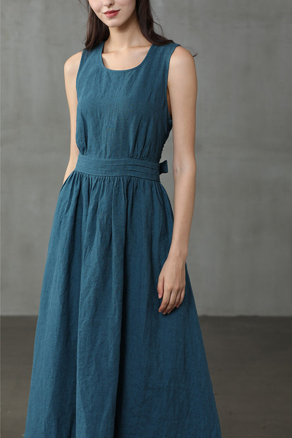 Linnen Mouwloze Maxi Jurk met Ronde Hals voor Dames