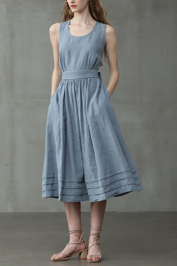 Linnen Mouwloze Maxi Jurk met Ronde Hals voor Dames