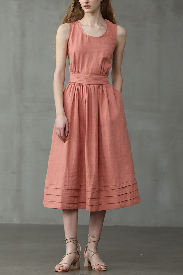 Linnen Mouwloze Maxi Jurk met Ronde Hals voor Dames