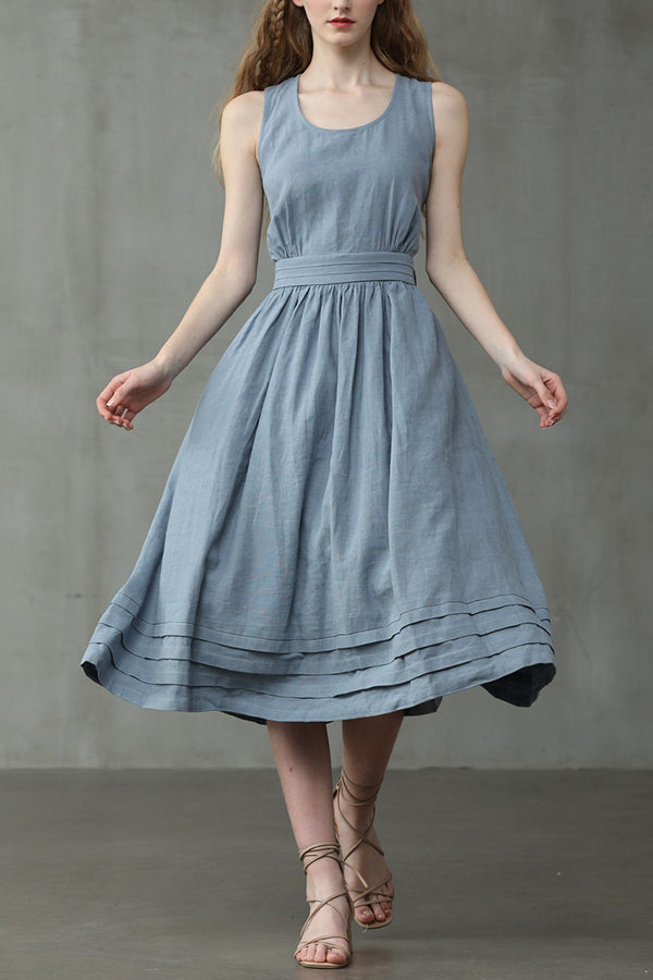 Linnen Mouwloze Maxi Jurk met Ronde Hals voor Dames