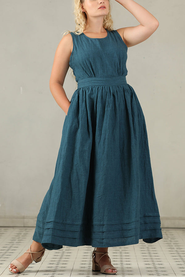 Linnen Mouwloze Maxi Jurk met Ronde Hals voor Dames