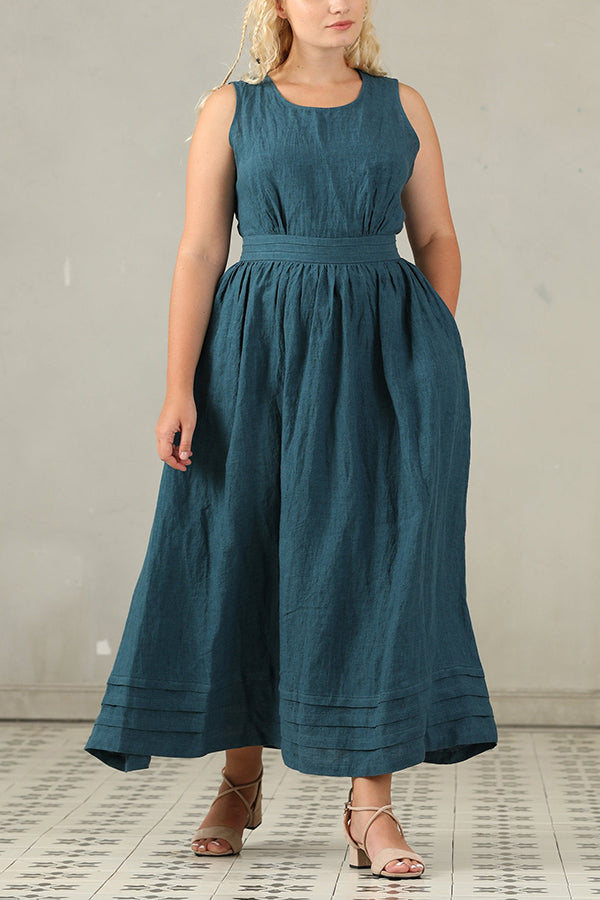 Linnen Mouwloze Maxi Jurk met Ronde Hals voor Dames